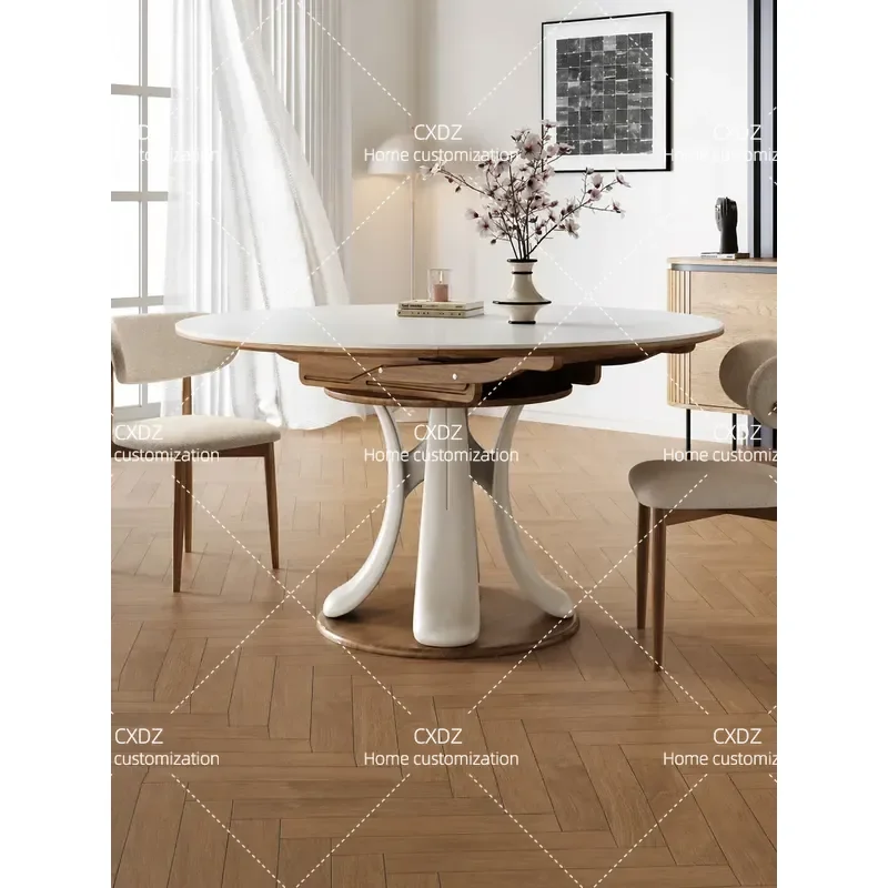 2025 New Cream Style Extendable Round Dining Table Retractable Sintered Stone Table for Home Modern Minimalist Furniture