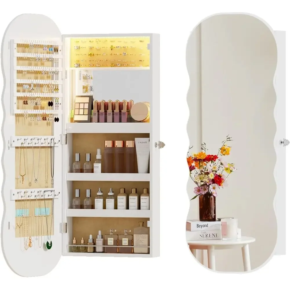 Wall-Mounted LED Lighted Lockable Mirrored Wardrobe Organizer with Hanging Storage
