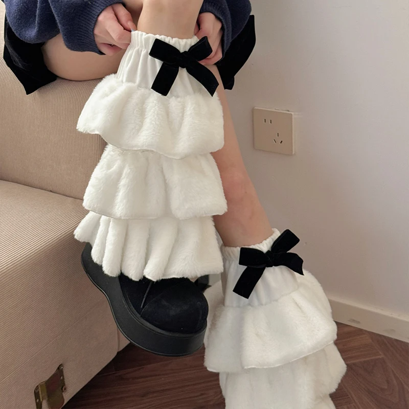 

Women Lolita Furry Leg Warmers Socks Sweet Bow Jk Harajuku Cake Socks Y2k Aesthetic Student Long Winter Warm Boots Cover