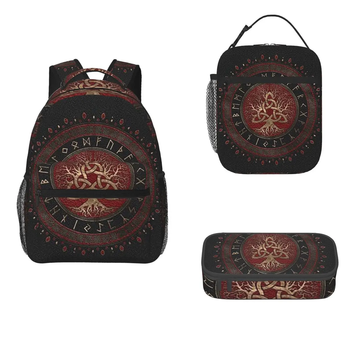 Tree Of Life With Triquetra Black Red Leather And Gold Backpacks Bookbag Cartoon Kids Rucksack Lunch Bag Pen Bag Three-Piece Set