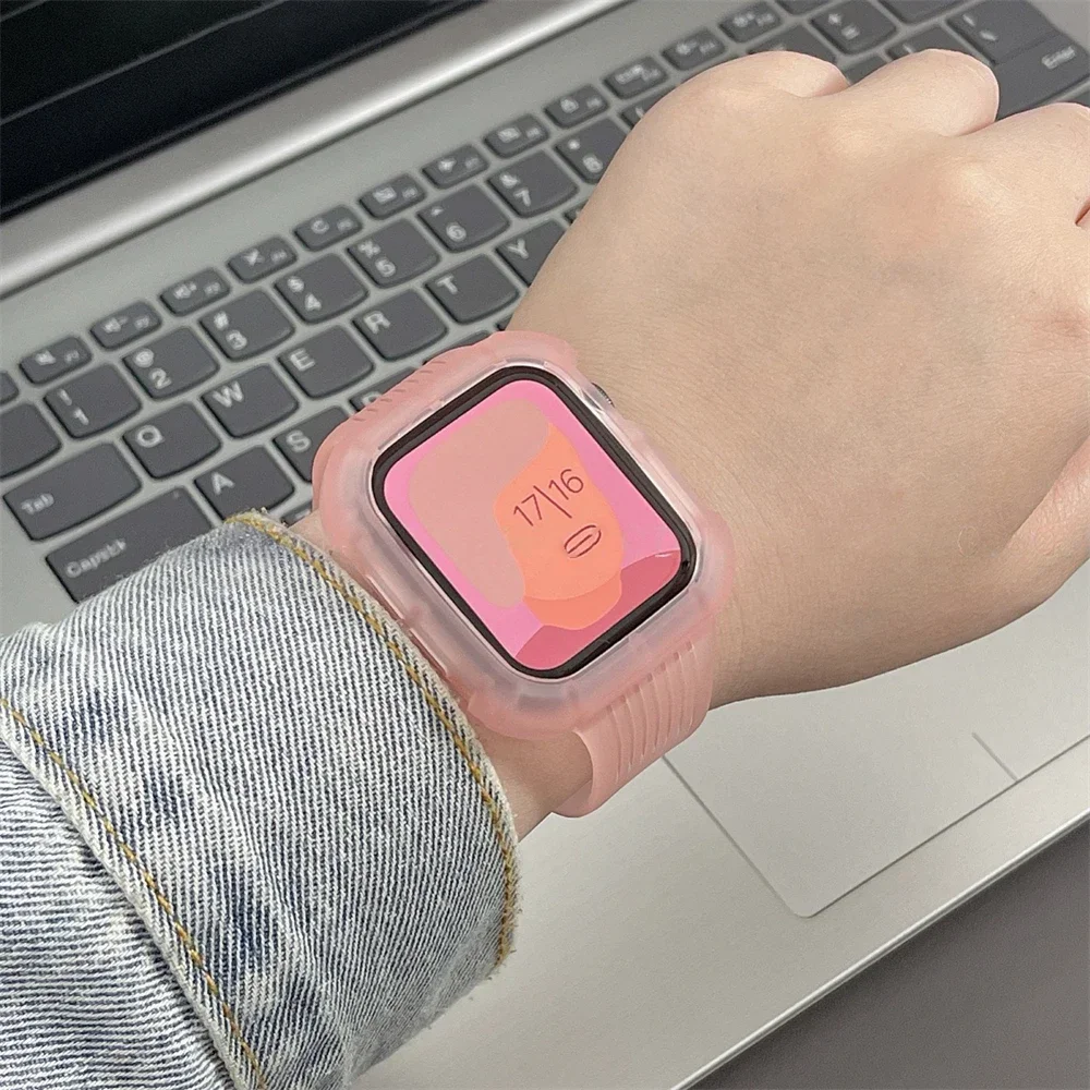 Estojo e pulseira rosa para pulseira de relógio esporte menina pulseira de pulso, kawaii, fosco, coreano, iWatch 9, 8, SE, 7, 6, 44mm, 40mm, 45mm, 41 milímetros, 42 milímetros