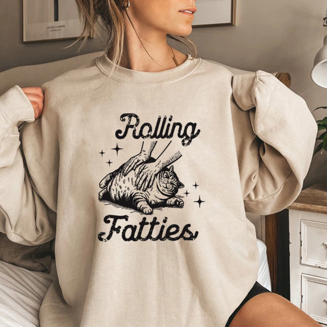 Rolling Fatties Cat Sweatshirt Funny Cat Graphic Hoodies Unisex Long Sleeve Sweatshirt Cat Lovers Gift Casual Crewneck Pullovers