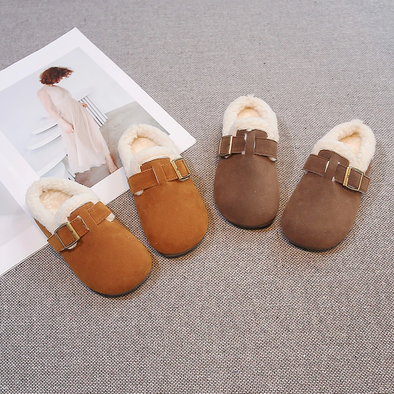 Toddler Kids Winter Mule Slippers, Fleece Lined Warm Slip On Shoes, Metal Buckle Strap, Non Slip Sole for Daily Outdoor Wear