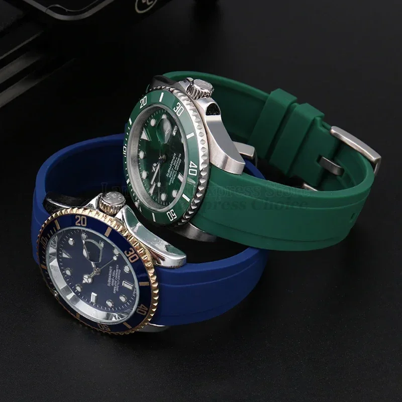 Correa de reloj de goma suave con extremo curvado de 20mm y 22mm para Seiko para Rolex Green Water Ghost, pulsera de silicona para reloj, banda deportiva para hombre