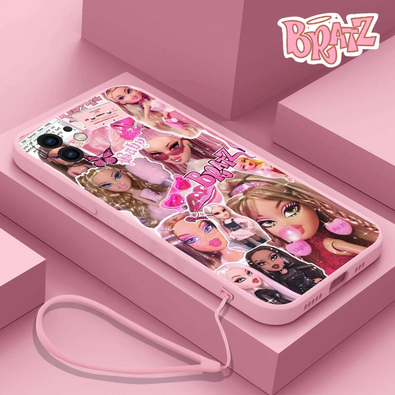 Fashion lovely Doll Bratz Phone Case For iPhone 15 14 13 12 11 Pro Max Mini X XR XS SE20 8 7 Plus Silicone Cases with Hand Strap