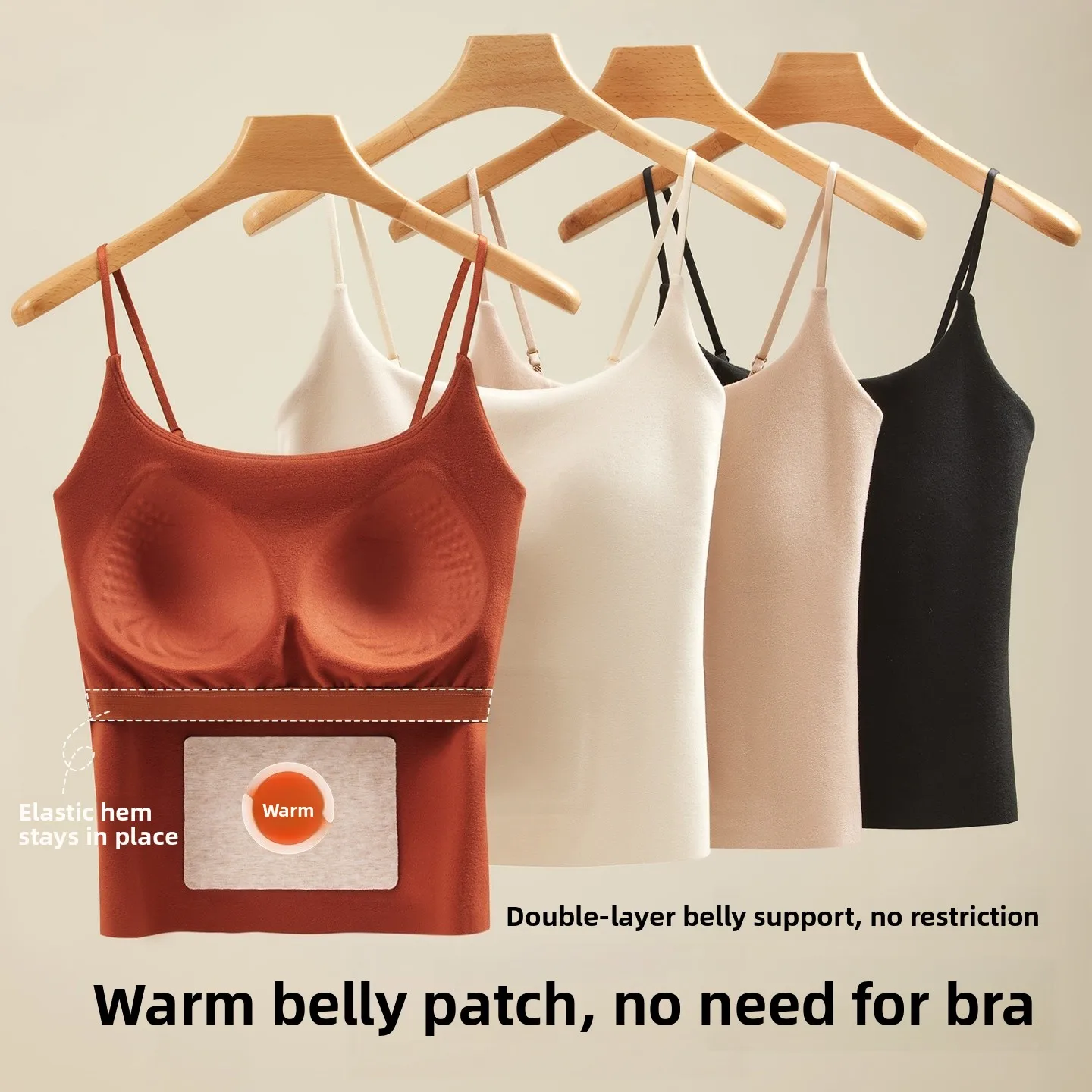 Women's Fleece Lined Thickened Velvet Warm Strap Vest with Patchwork And Chest Pad Fixed Cup Inner Wear Short Pure Color