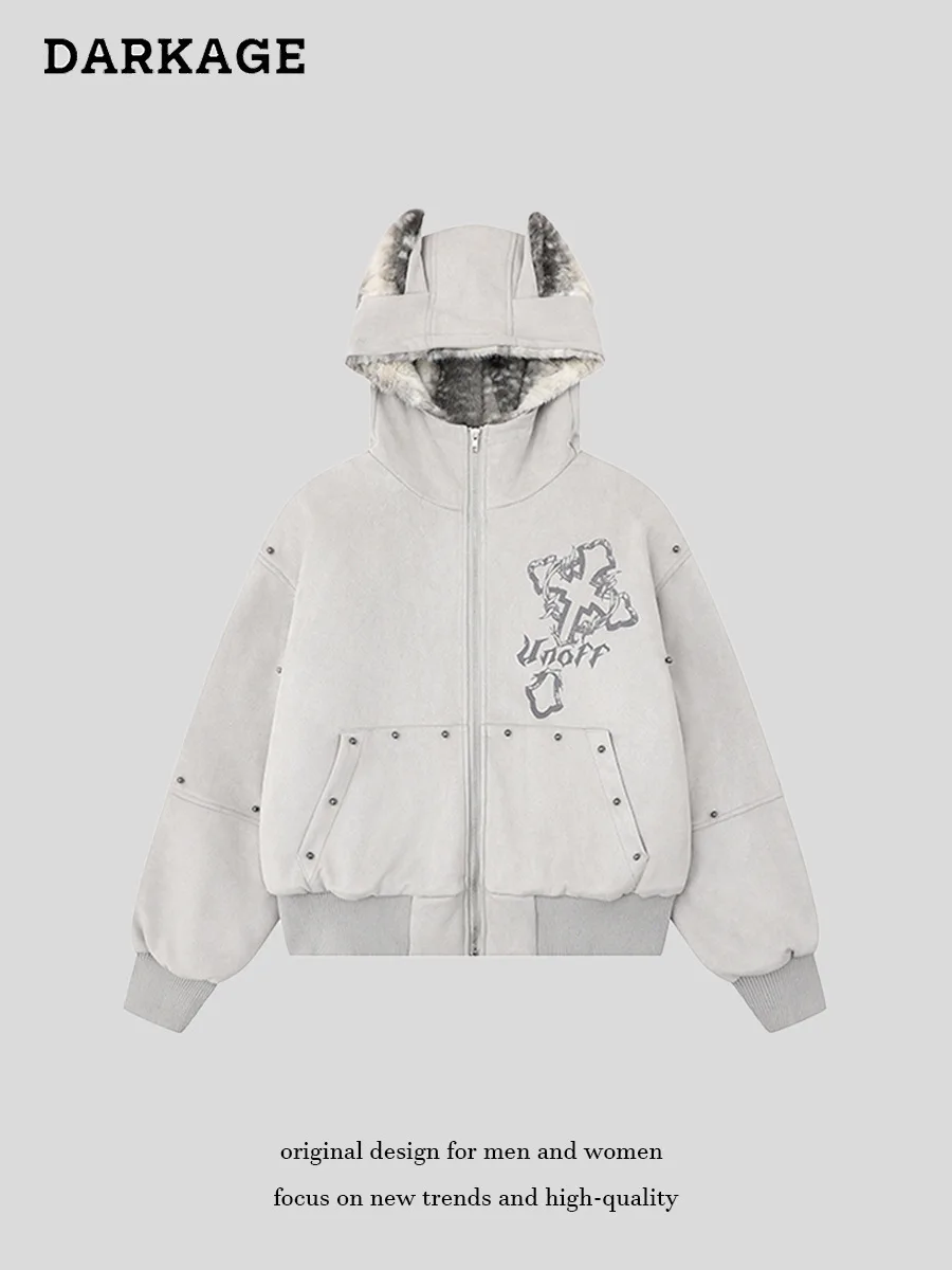 

2025 Winter New Style American Street Style Rivet Cross Furry Ears Hooded Padded For Man Coat