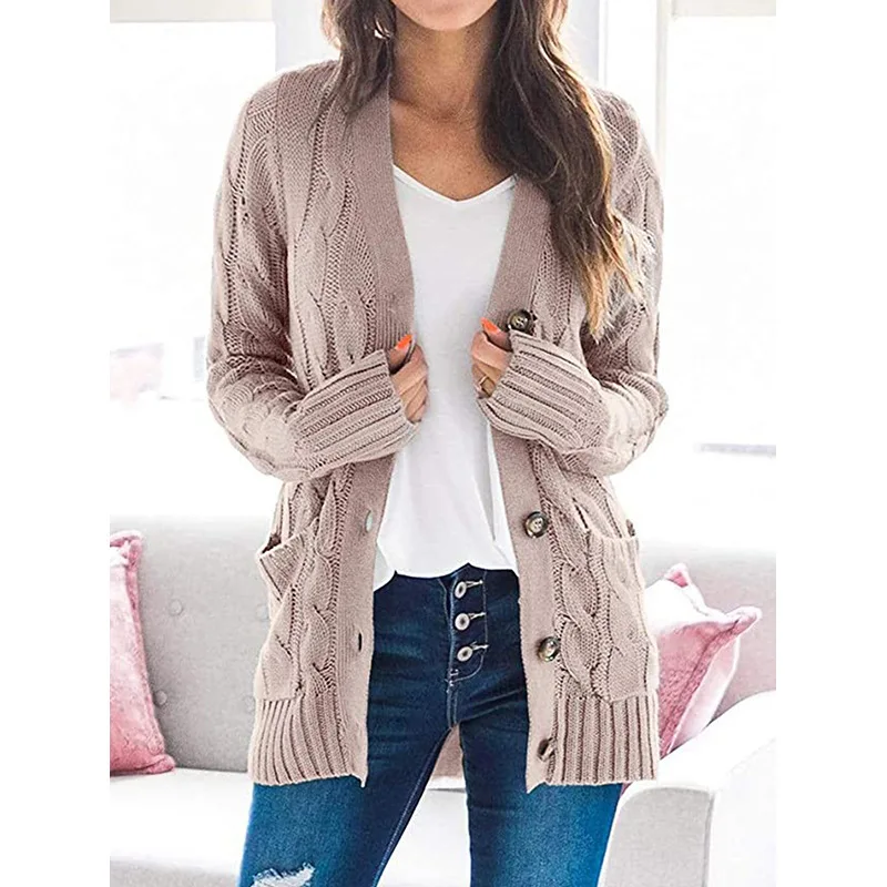 New in Women Sweater Coat Solid Color Long Sleeve Button Down Cable Knit Jacket with Pocket Loose Fit Cardigan Sweater for Lady