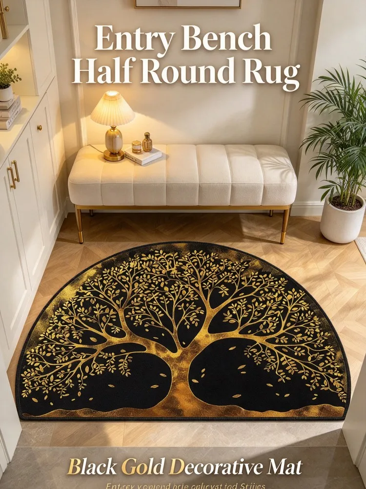 **New Arrival Half Round Tree of Life Rug, Black Gold Golden Tree Decorative Floor Mat, Non-Slip Semicircle Carpet for Entryway