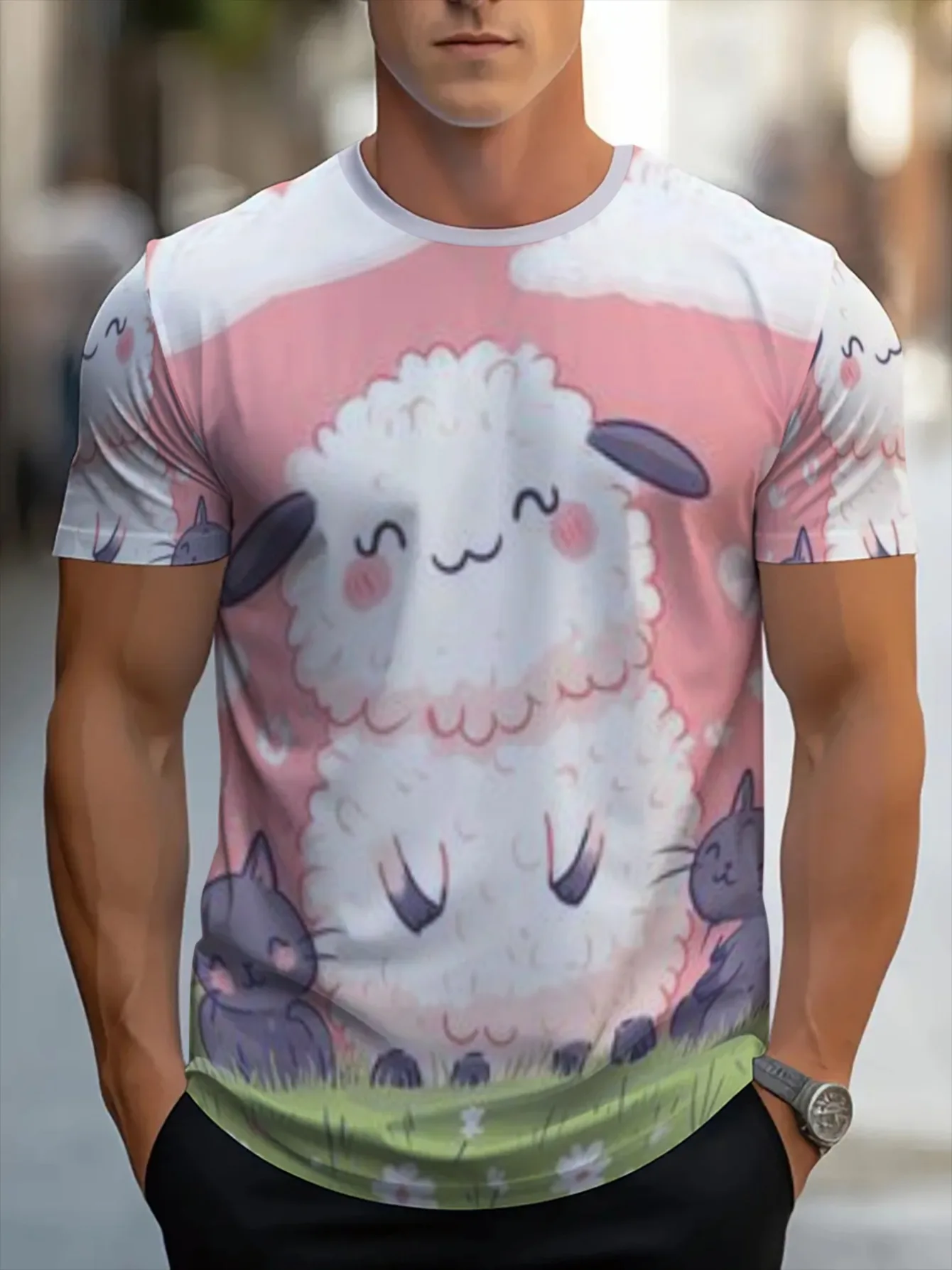 Men Cute Cartoon Sheep And Cat Print Crew Neck T Shirt Pink Sky Grass Background Short Sleeve Casual Tops