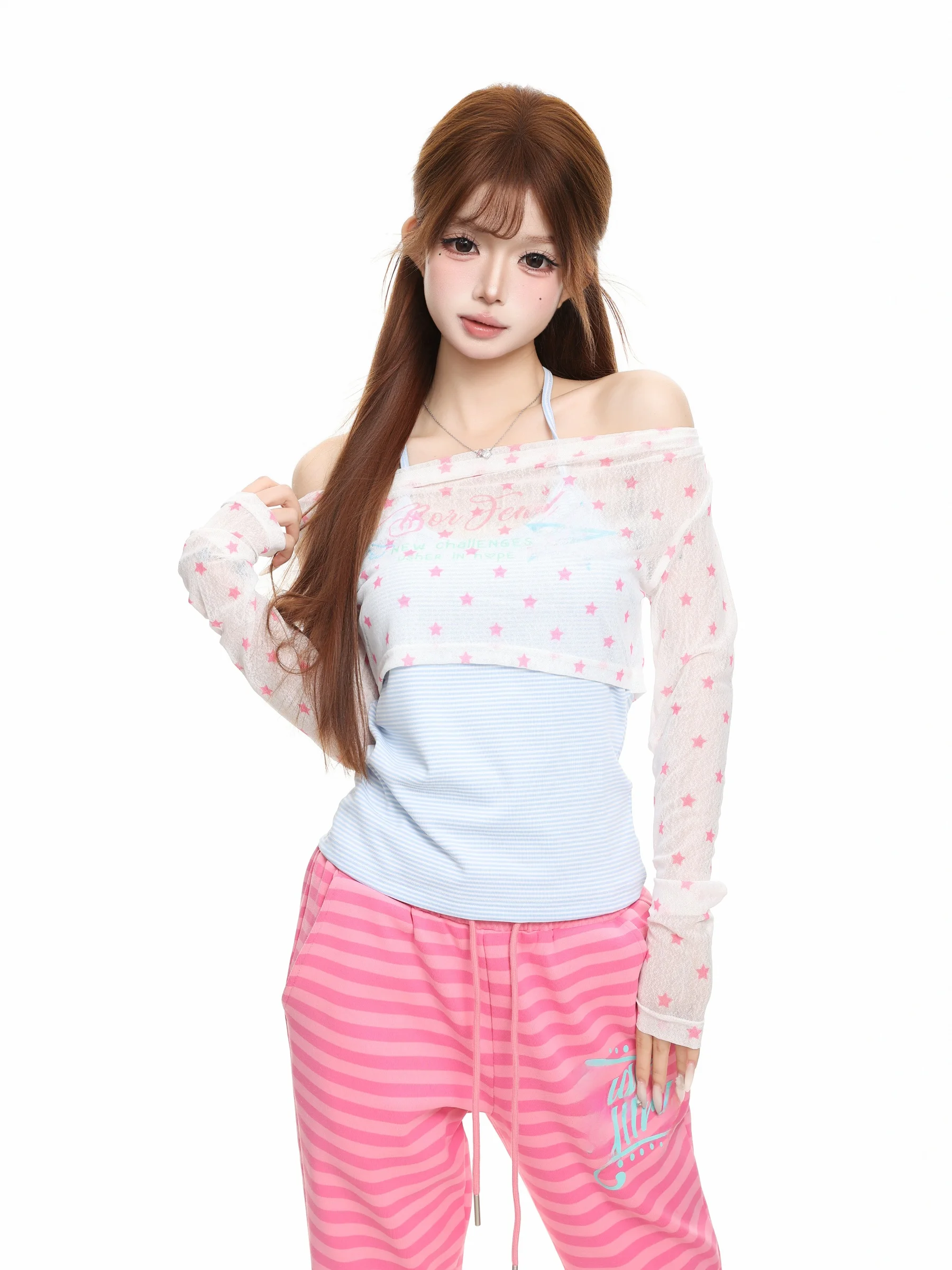 BASTERDS Dopaamine Letter Star Print Long Sleeve Neck Hanging T-Shirt Women's Slim Fit Autumn Y2K Top Casual Streetwear