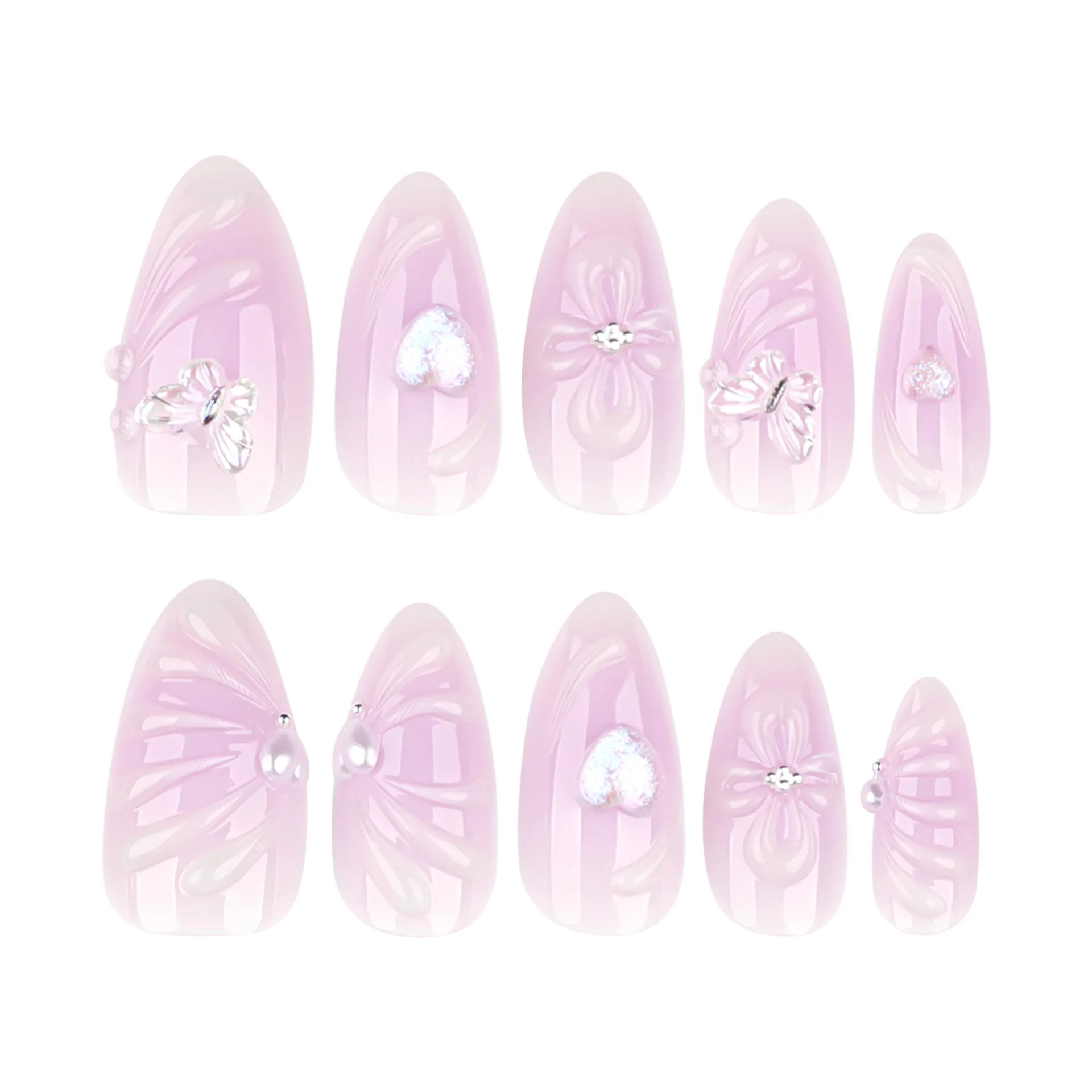 24 Uds. De uñas postizas con diseño de mariposa y flor 3D, especias para niñas, corazón púrpura, prensa en uñas, reutilizables, y2k, puntas de uñas postizas de almendra