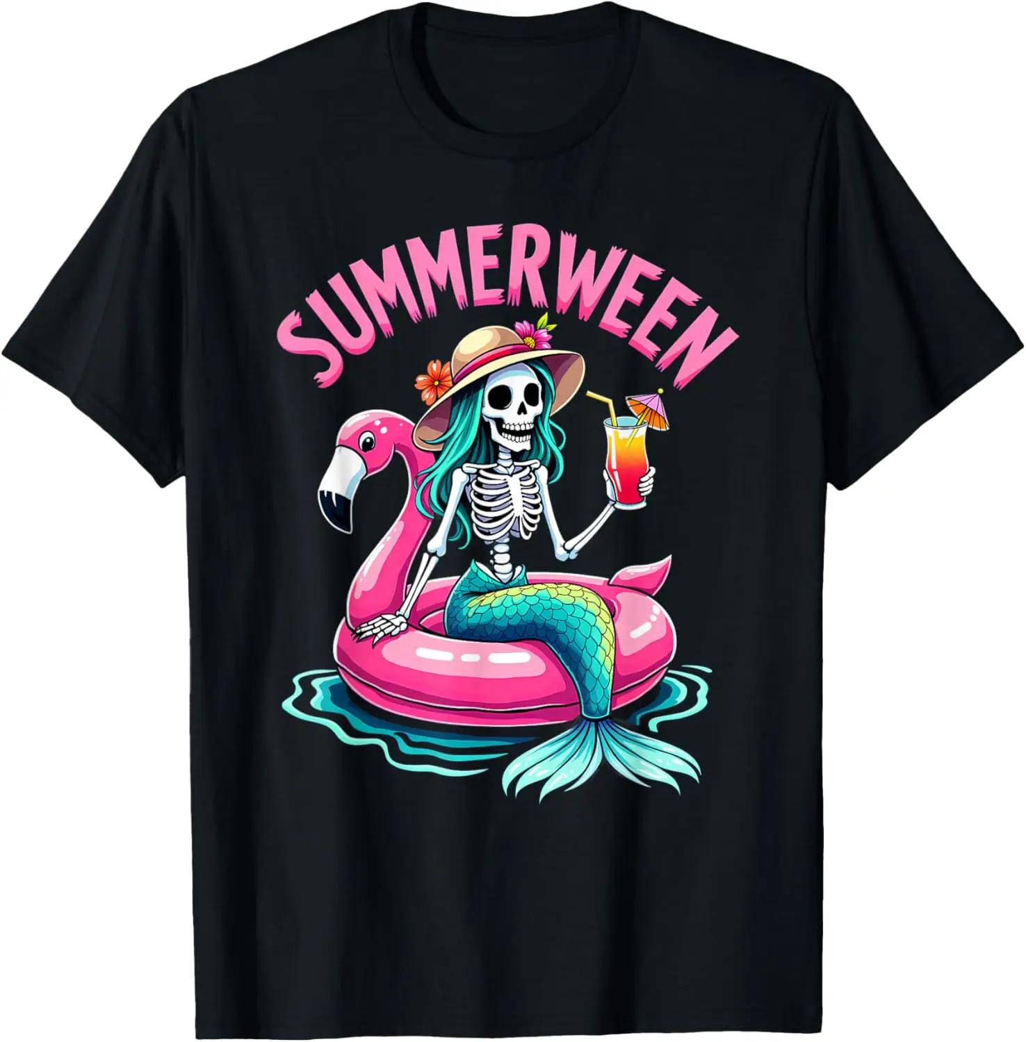 Summerween Mermaid Skeleton Beach Flamingo Halloween Girl T-Shirt 100% Cotton Trendy Y2K Short-Sleeve Tee-Soft, Quick-Drying,