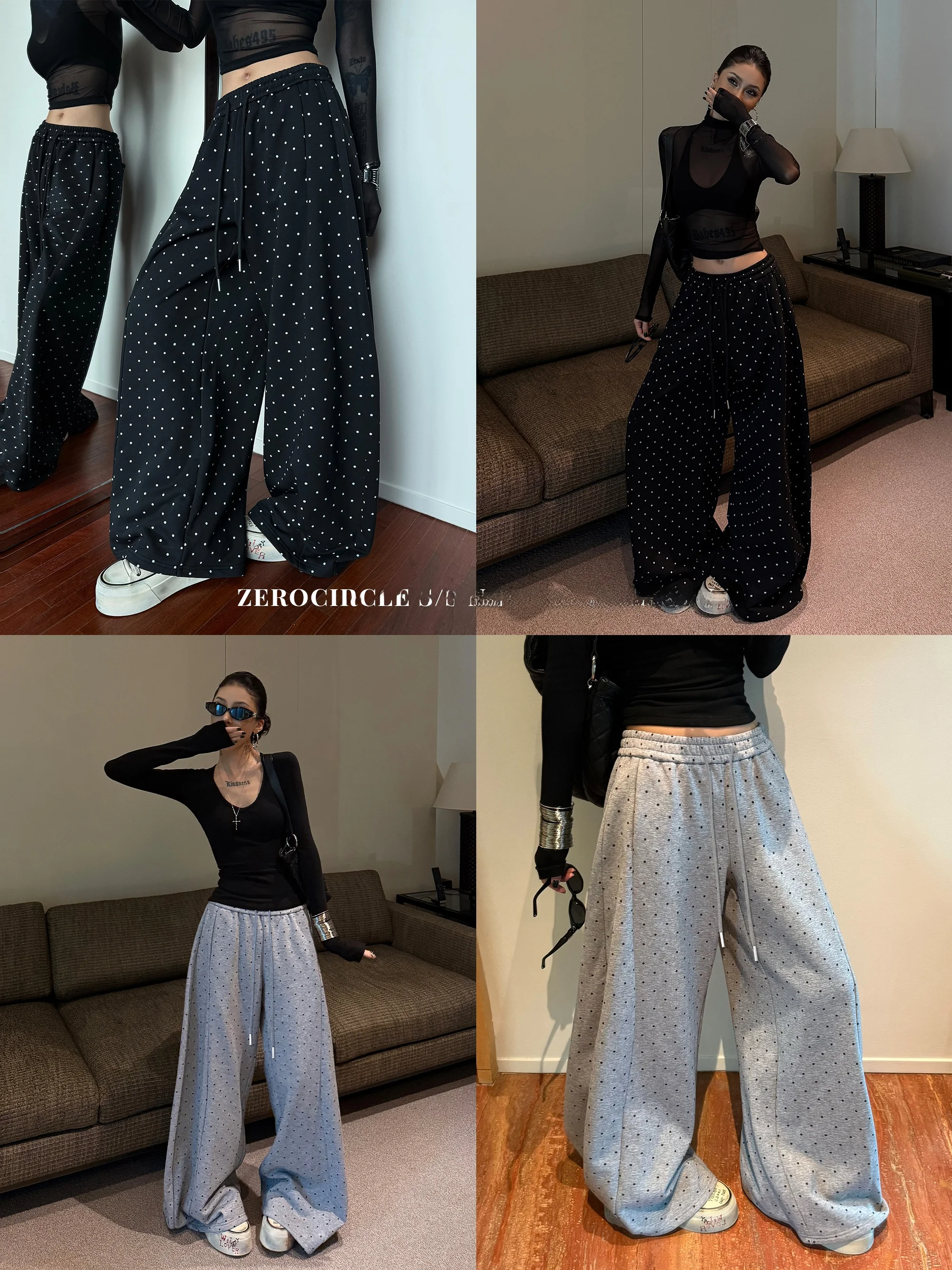 

Wild Zero Thiened Wide Leg Pants Women's Dstring Casual Winter Loose Fit Polka Dot Print Comfortable Knitted Cotton Trou...