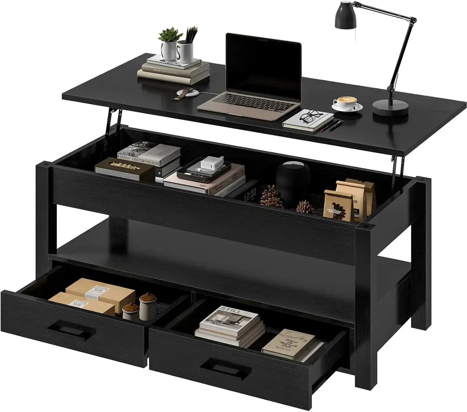 

41.7'' Lift Top Coffee Table with 2 Storage Drawer Hidden Compartment Open Storage Shelf for Living Room Folding Wood End Table