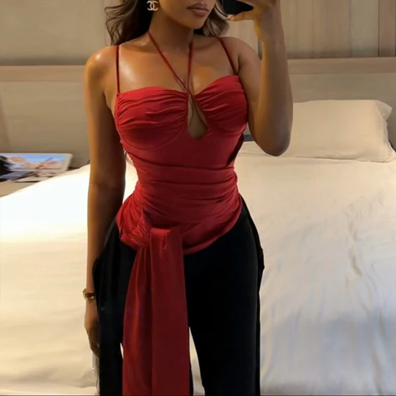 OMSJ Red Sexy Tight Fit Hanging Neck Hollow Open Back Sleeveless Strappy Pleated Irregular Y2K Tops Stylish Camisole Party Vest