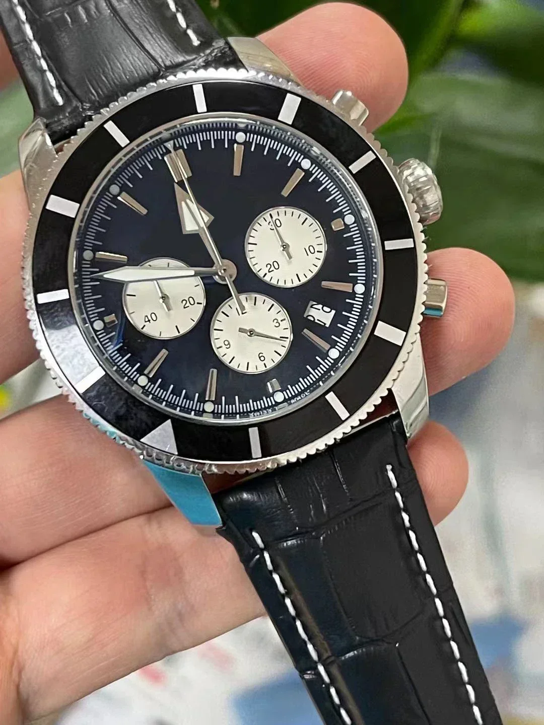 Jam tangan kronograf pria, arloji kuarsa keramik hitam biru kulit Reloj Hombre