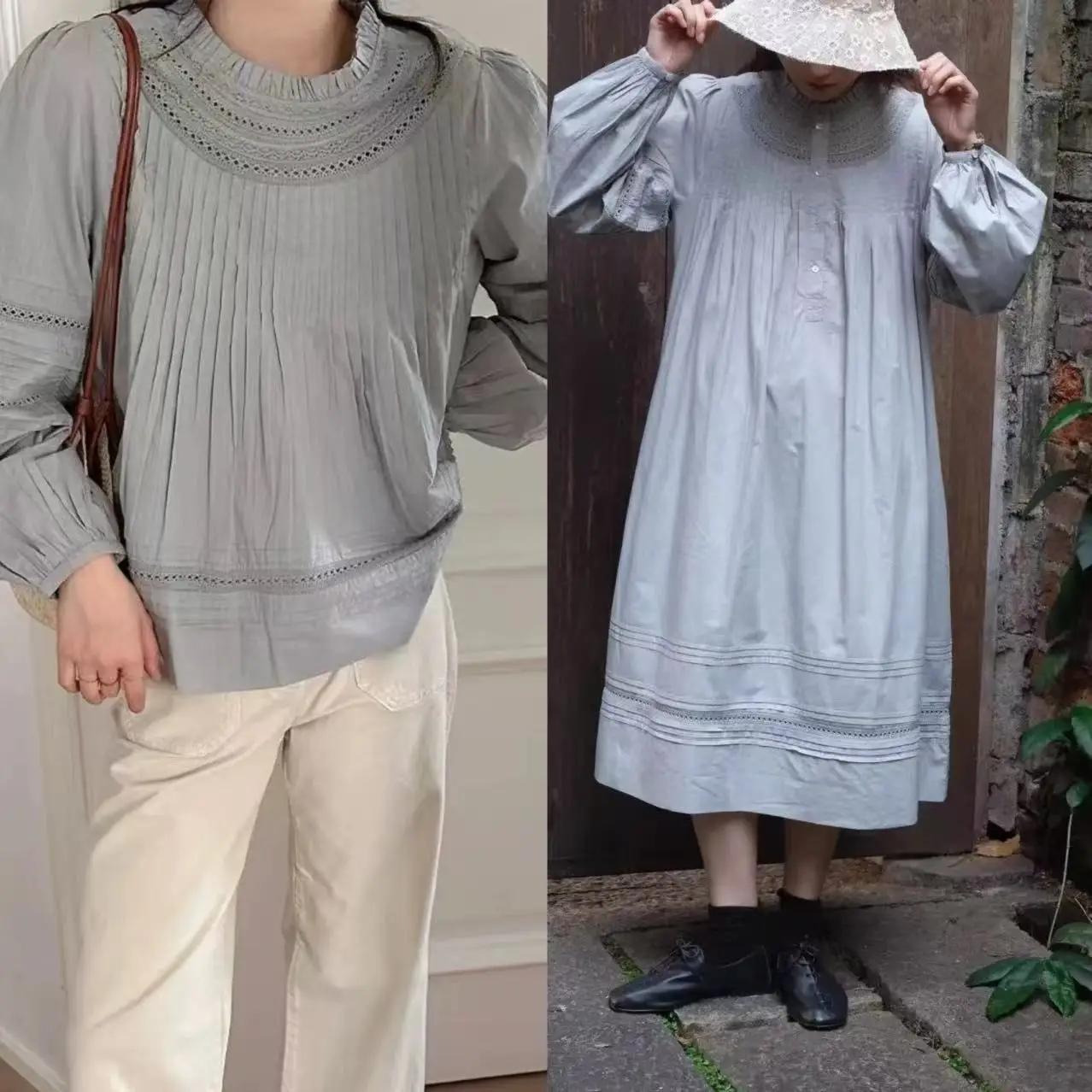 

Spring Summer New Sle Hollow Splicing Pleated Wooden Ear Bubble Sve Cotton Dye irt Top Dr Ele Loose Waist Silk ...