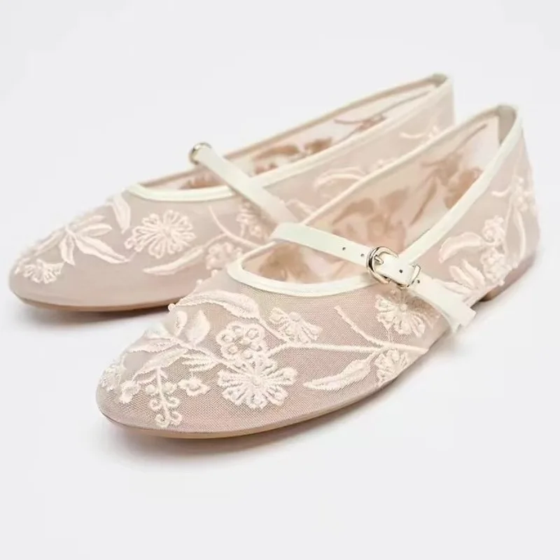 

Mesh String Beads Ballet Flats Women Round Toe Breathable Soft Sole Beach Sandals Women Buckle Fashion Embroidery Designer Shoes