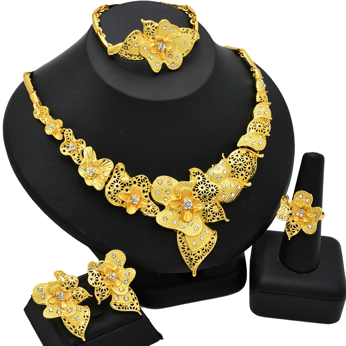 

2024 Dubai 24k Gold-Plated Flower Hollow Jewelry Set Necklace Earrings Bracelet Ring Middle East Dubai Jewelry VDJ359