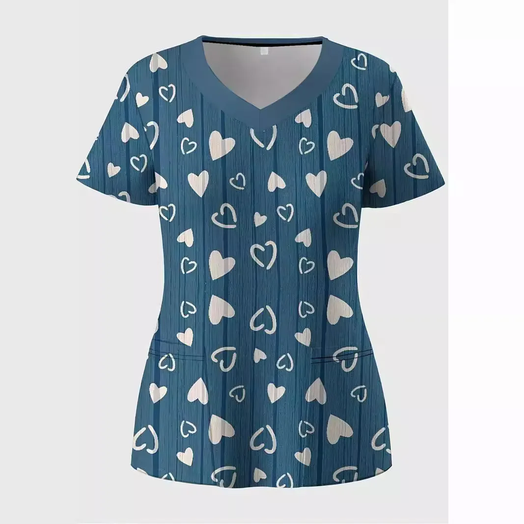 Women's V-neck slim fit T-shirt versatile nurse care uniform with heart floral 3D printing dental nurse duty work uniform