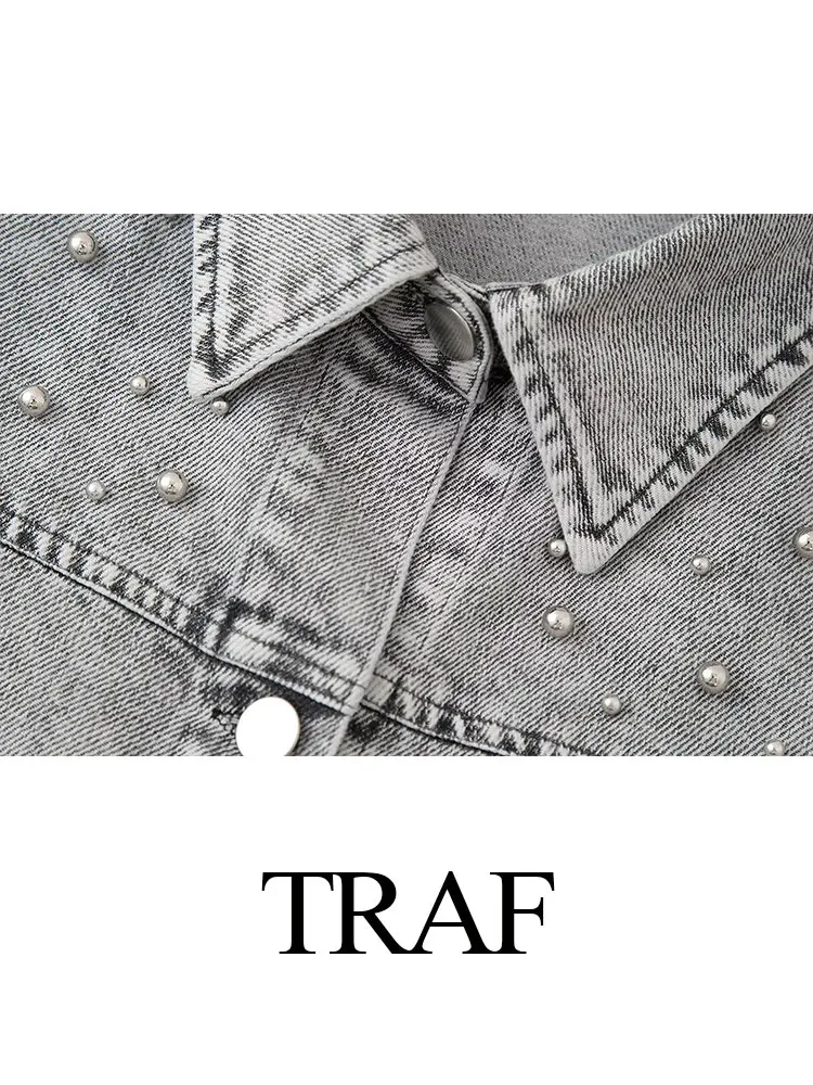 TRAF-abrigo de mezclilla para mujer, chaqueta holgada de un solo pecho con solapa de perlas de imitación, cárdigan Vintage con bolsillo, Primavera