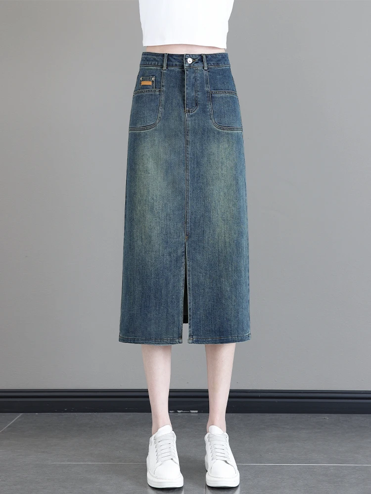 

Юбка А-силуэта с высокой талией, женская джинсовая юбка прямого кроя с разрезом, ретро-стиль, весна-осень, новинка, повседневная, из смесового хлопка