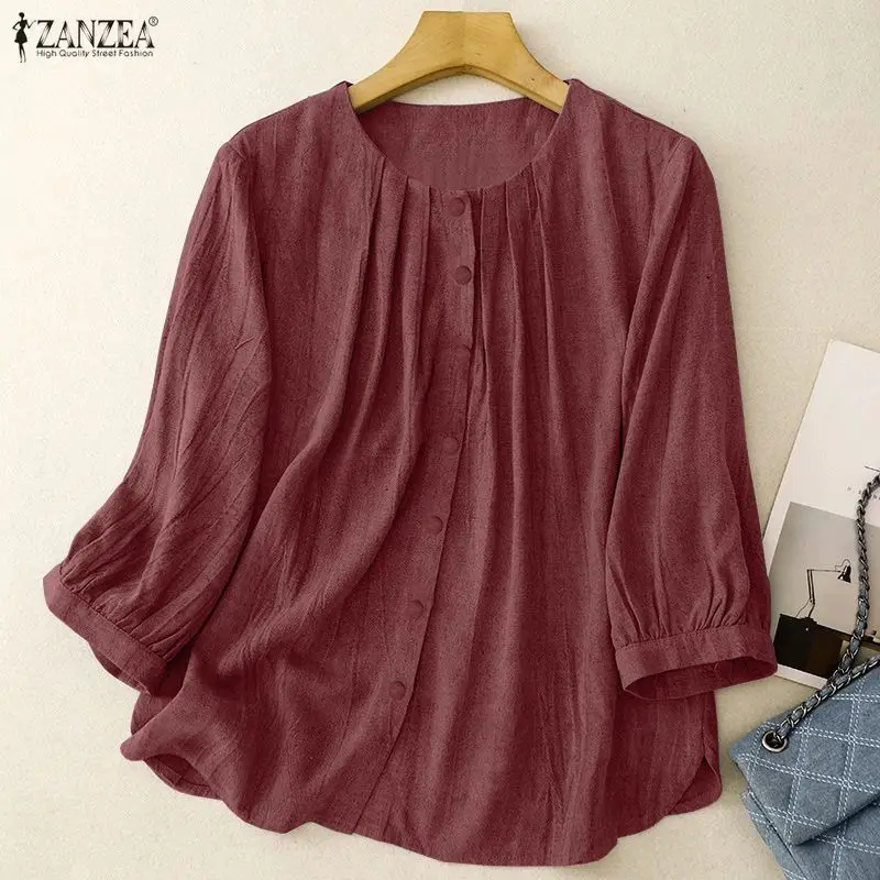 Vintage Shirts ZANZEA Autumn Spring Blouses Women Casual O Neck 3/4 Sleeve Tops Solid Buttons Down Blusas Mujer Femme Work Shirt