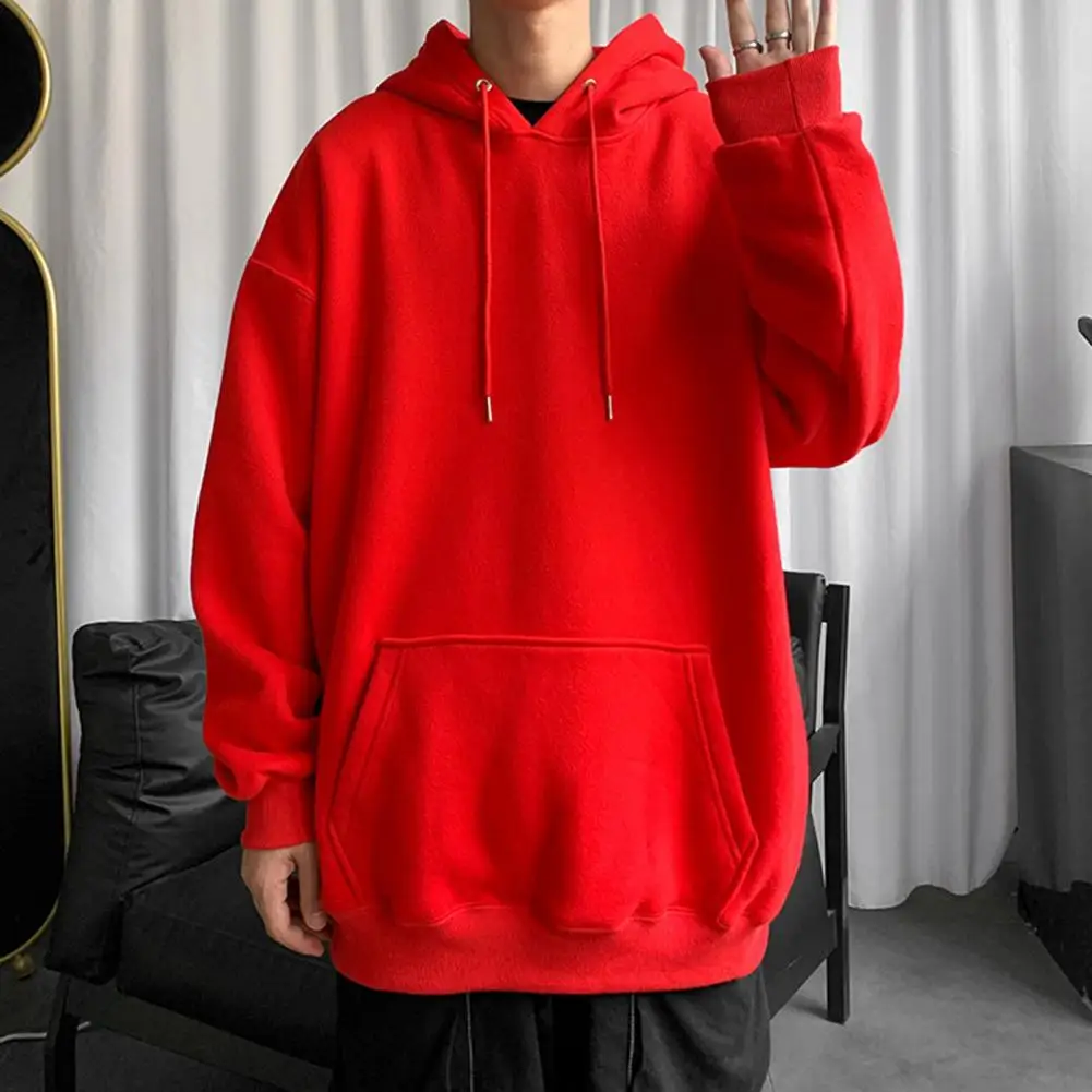 Hooded Sweatshirt Men Front Pocket Drawstring Long Sleeve Pullover Hoodie Autumn Winter Solid Color Unisex Clothing