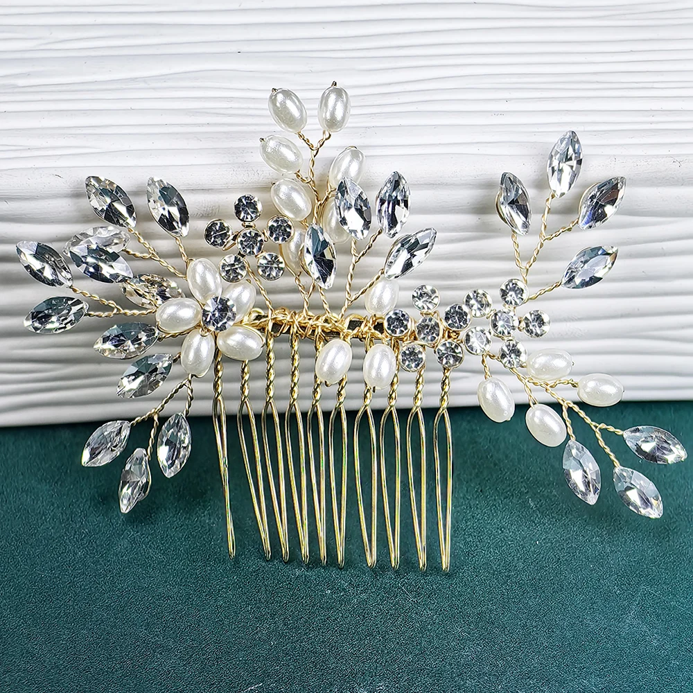 Pente de cabelo para mulheres e meninas, Headwear nupcial pérola, ornamento de cabelo nupcial strass, ornamento lateral, ouro