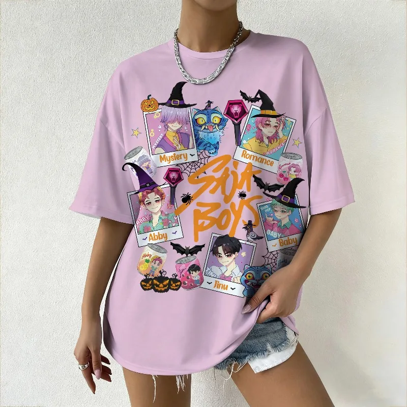 

Halloween Women's Summer KPop Demon Hunters Graphic Tee Vibrant Cartoon Character Prints for Street Party Daily Trendy Outfits