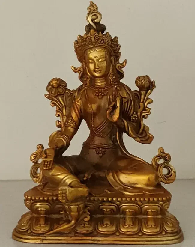 Vintage Buddhism Bronze Green Tara God Godness Kwan-yin Buddha Statue Figurines