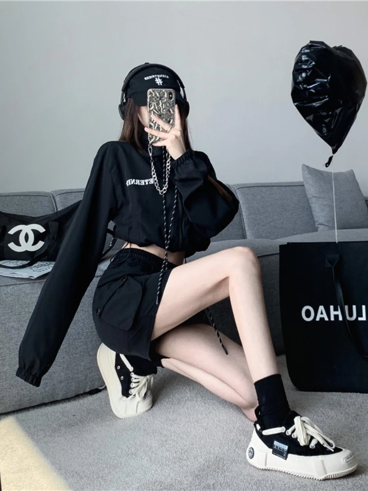 Korean Two Piece Set Long Sleeve Zipper Coat High Wast Bodycon Skirts Outfits Vintage Y2k Clothing Fashion Skirt Women Outfits