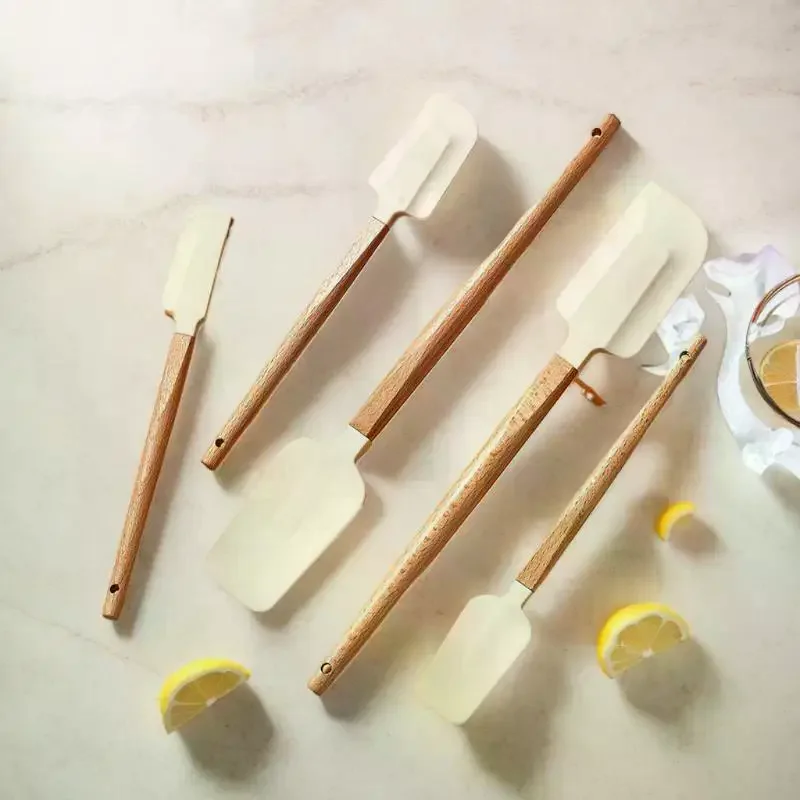 5 قطعة كريم كعكة ملعقة سيليكون مقبض خشبي الخبز المعجنات مكشطة الخلاطات غير عصا المطبخ الحلوى الخبز ملعقة مجموعة #3
