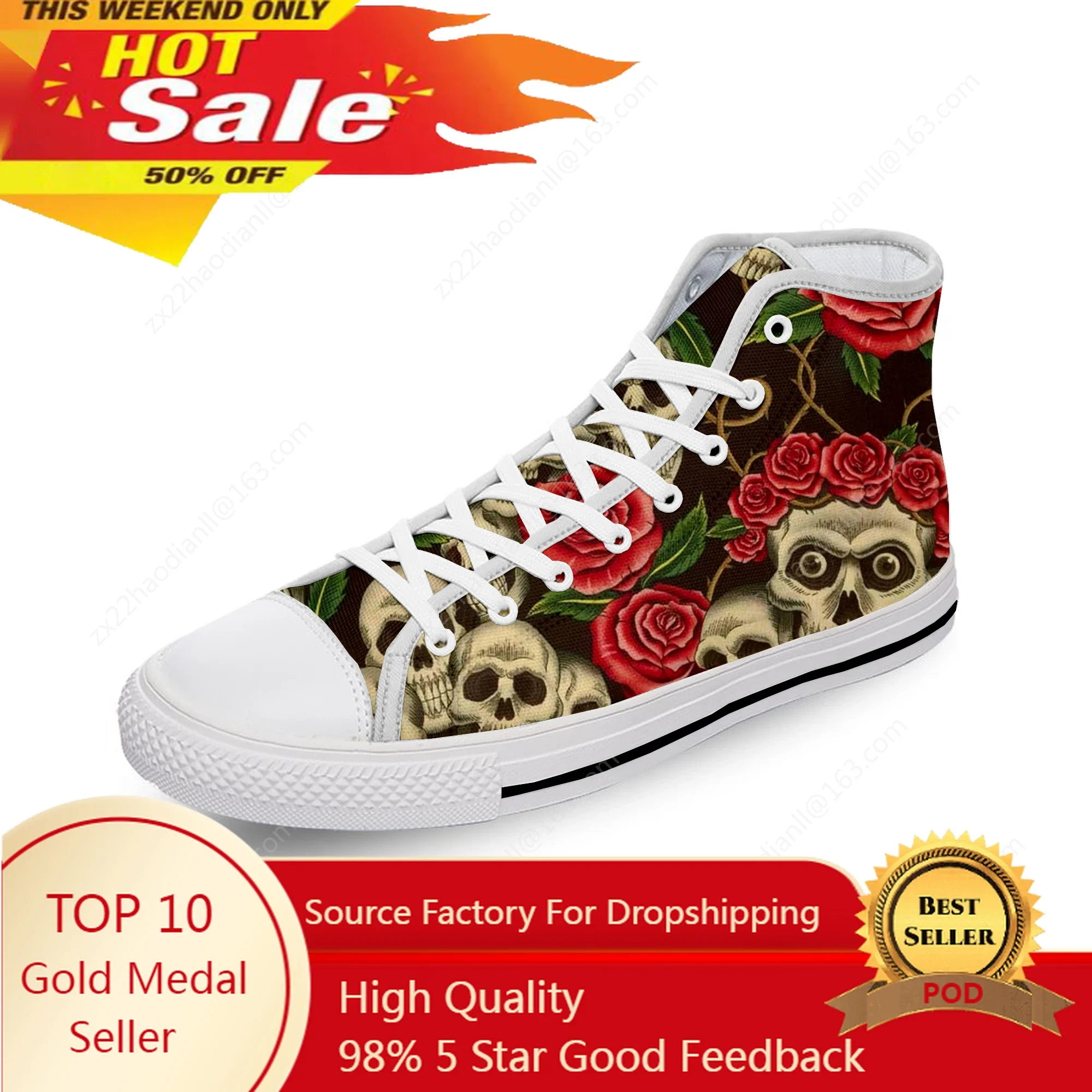 

Sugar Skull Rose Flower Hot Funny White Cloth Fashion 3D Print High Top Canvas Shoes Men Women Lightweight Breathable Sneakers