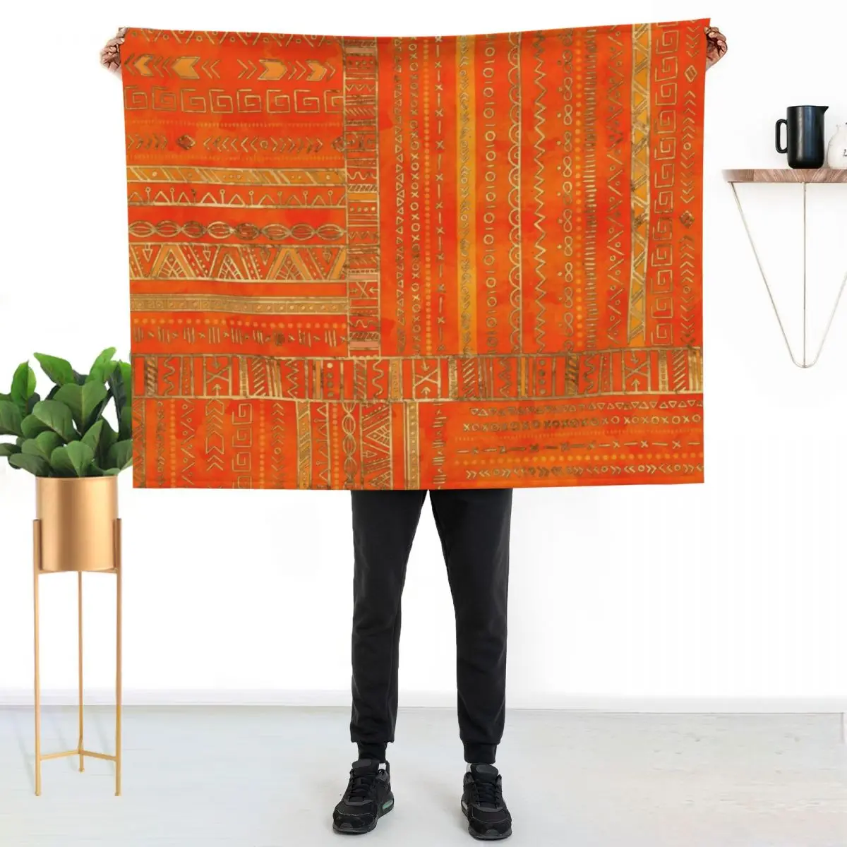 Tribal Ethnic pattern gold on bright orange Throw Blanket Summer Cool Breathable Blanket for Sleeping