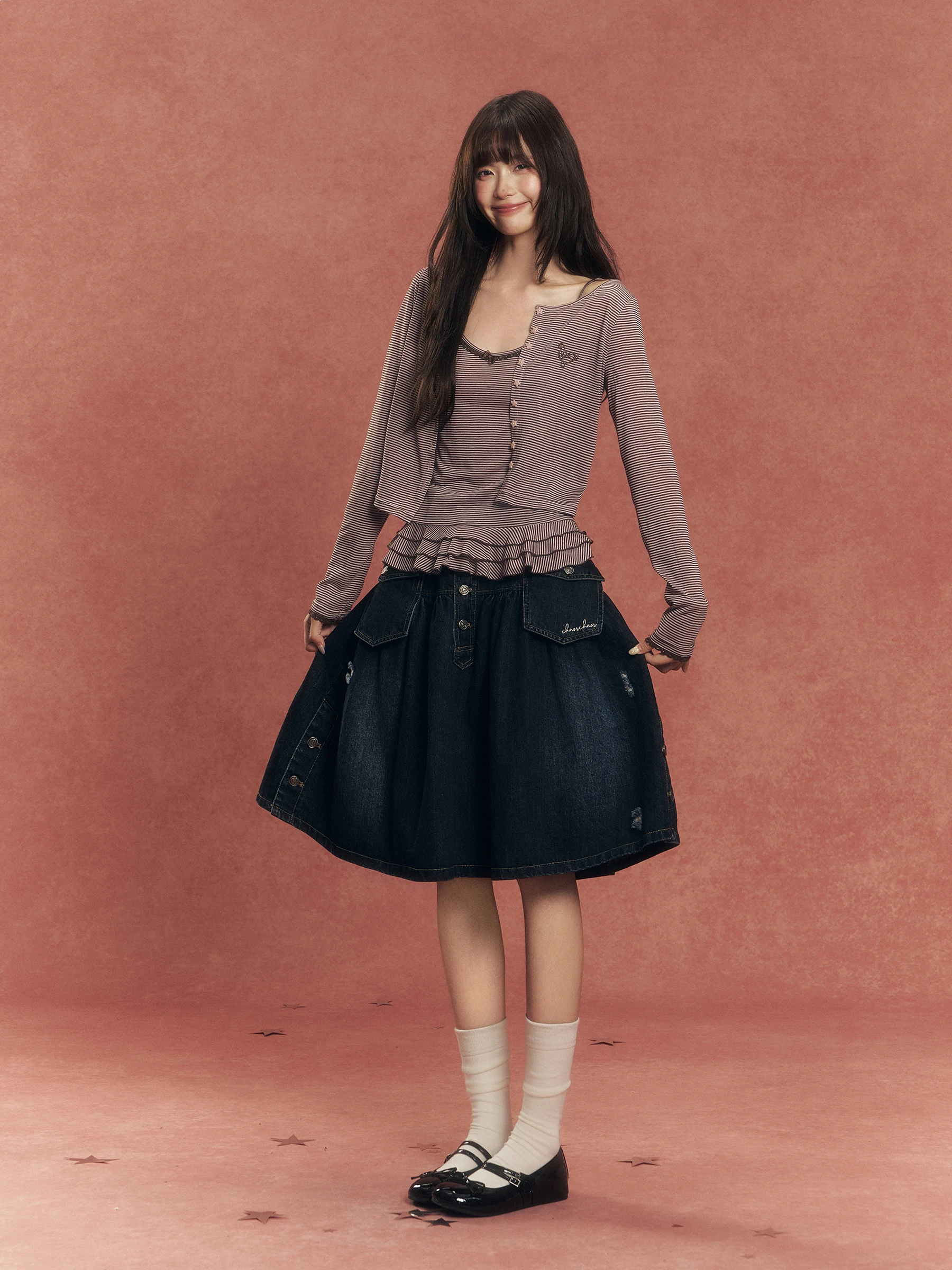 

Retro Waed Denim Workwear Midi Skirt Spring Autumn Versatile Slim Fit High Waist Cotton Casual Sle Button Embroidery