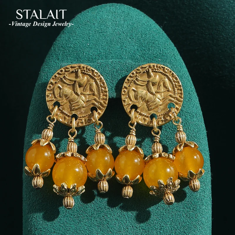 

Vintage Beeswax Drop Earrings Dangle Natural Stone Knight Ancient Coin Tassels For Woman Accessories Luxury Quality Jewelry 2025