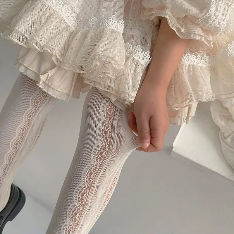 2024 New Summer Girls Tights Pure Cotton Breathable Mesh Beige White Black Children Princess Pantyhose Lolita Leggings For 2-12y