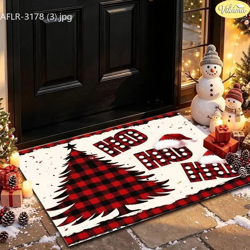 VIKAMA Santa Cocoa Pinecone Entryway Rug Non Slip Low Profile Mats for Outside Front Door Xmas Winter Holiday Decor Soft