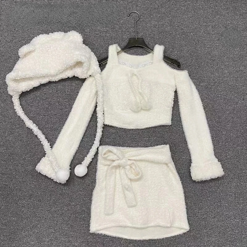 2023 Winter Kawaii Fashion 3 Piece Set Japanese Style Warm Suit Woman Casual Blouse + Y2k Mini Skirt + Cute Hat Solid Clothing