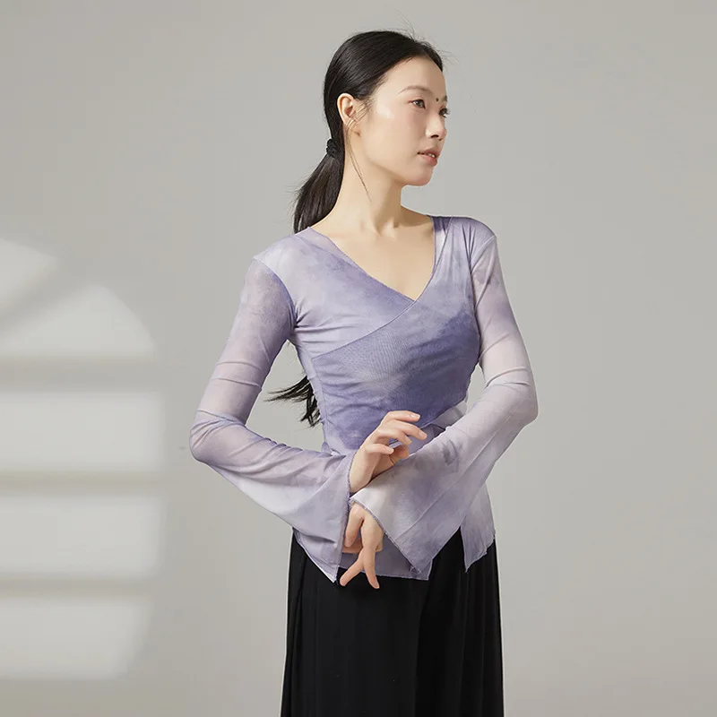 Classical Dance Top Tie-dye Printing Pattern Netting Gauze Costume with Long Sleeves Practice and Performance Yoga Blouse