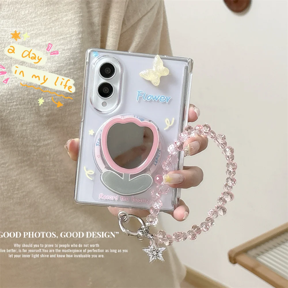 Cute Tulip Mirror Kickstand Magnetic Phone Case For Samsung Galaxy Z Fold 8 Ultra 7 6 5 Butterfly Cover With Pink Crystal Star