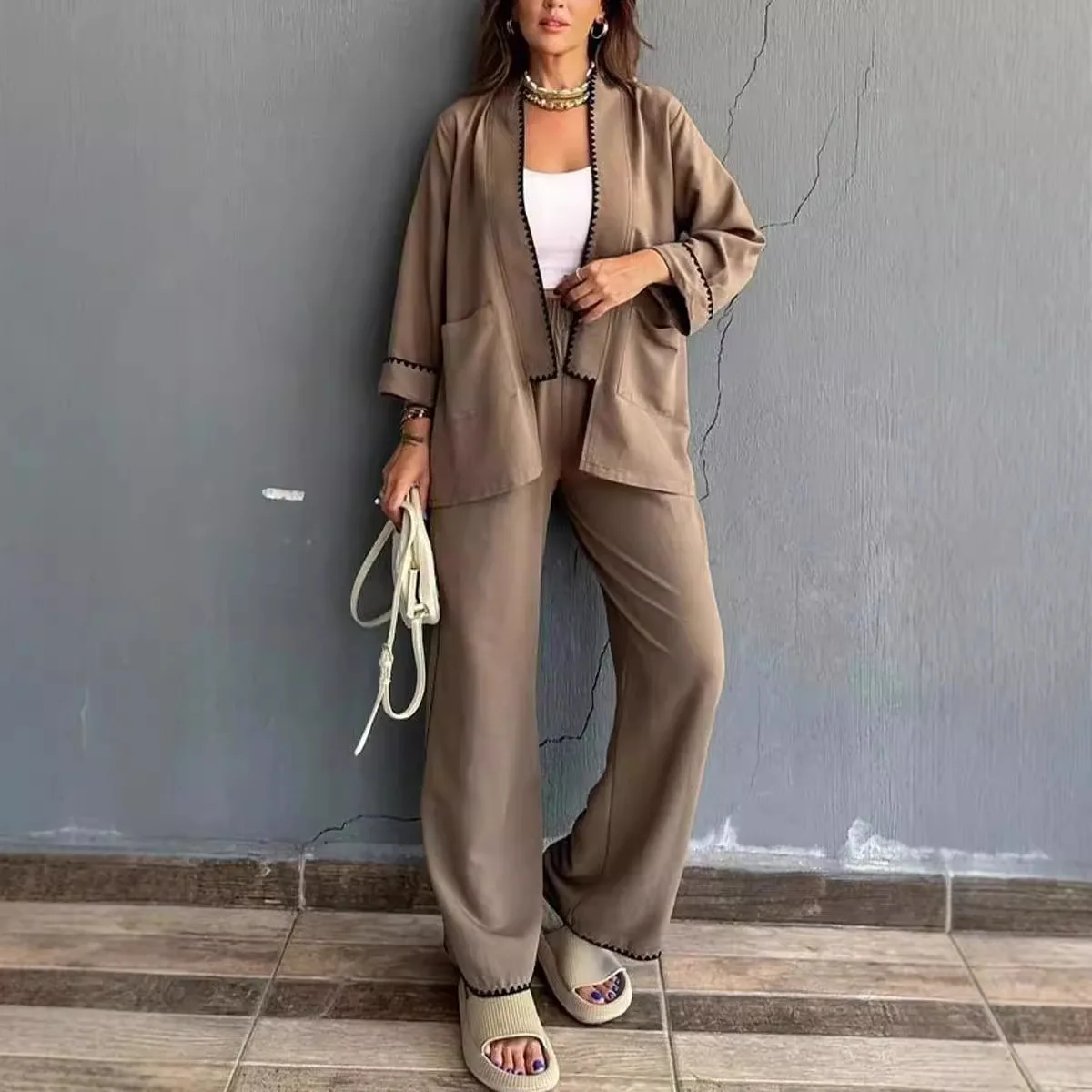 

Casual Home Suit Elegant Long Sleeved Pocket No Placket Cardigan Elastic Waist Straight Trousers 2 Piece Set Autumn Fashion New