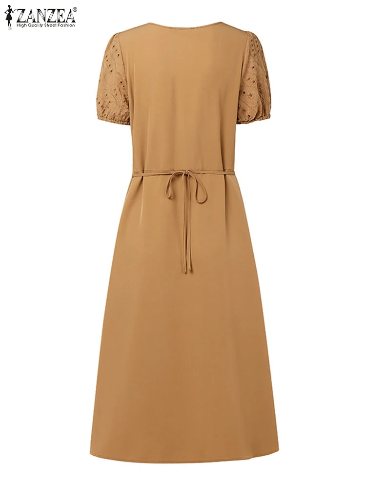 فستان نسائي أنيق بأشرطة خصر من ZANZEA فستان صيفي طويل بأكمام قصيرة من الدانتيل فستان صيفي غير رسمي بياقة مربعة رداء للحفلات الصلبة