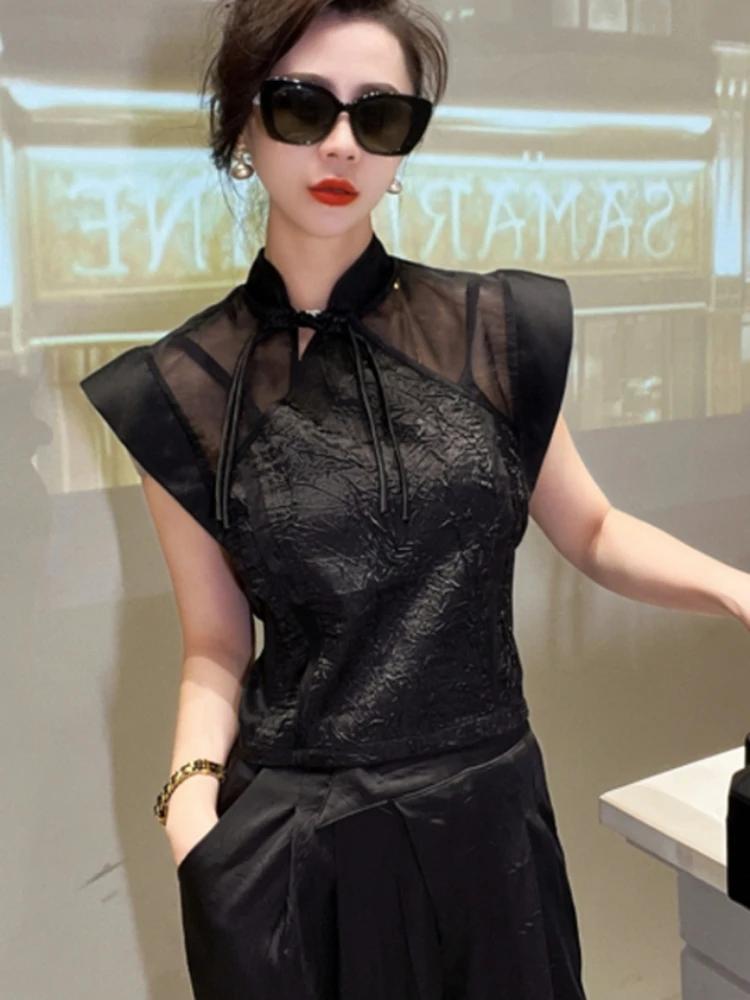 Blouses Women Slim Crop Tops Summer Chinese Style Delicate Sheer Sexy Mandarin Collar Office Lady Cool Vintage Irregular Chic