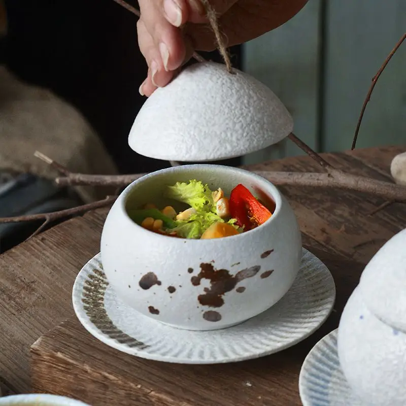 Japanese Ceramic Soup Pot with Creative Waterproof Cover Chassis Design, Household Dessert Bowl Soup Pots One Person Tableware