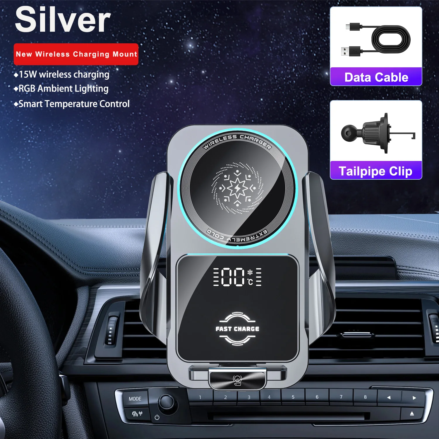 

Premium Car Wireless Charger Mount - Dual Coil Auto-Locking Motorized 90° Rotation - Dual Clamping Anti-Shake 15W Fast Charge