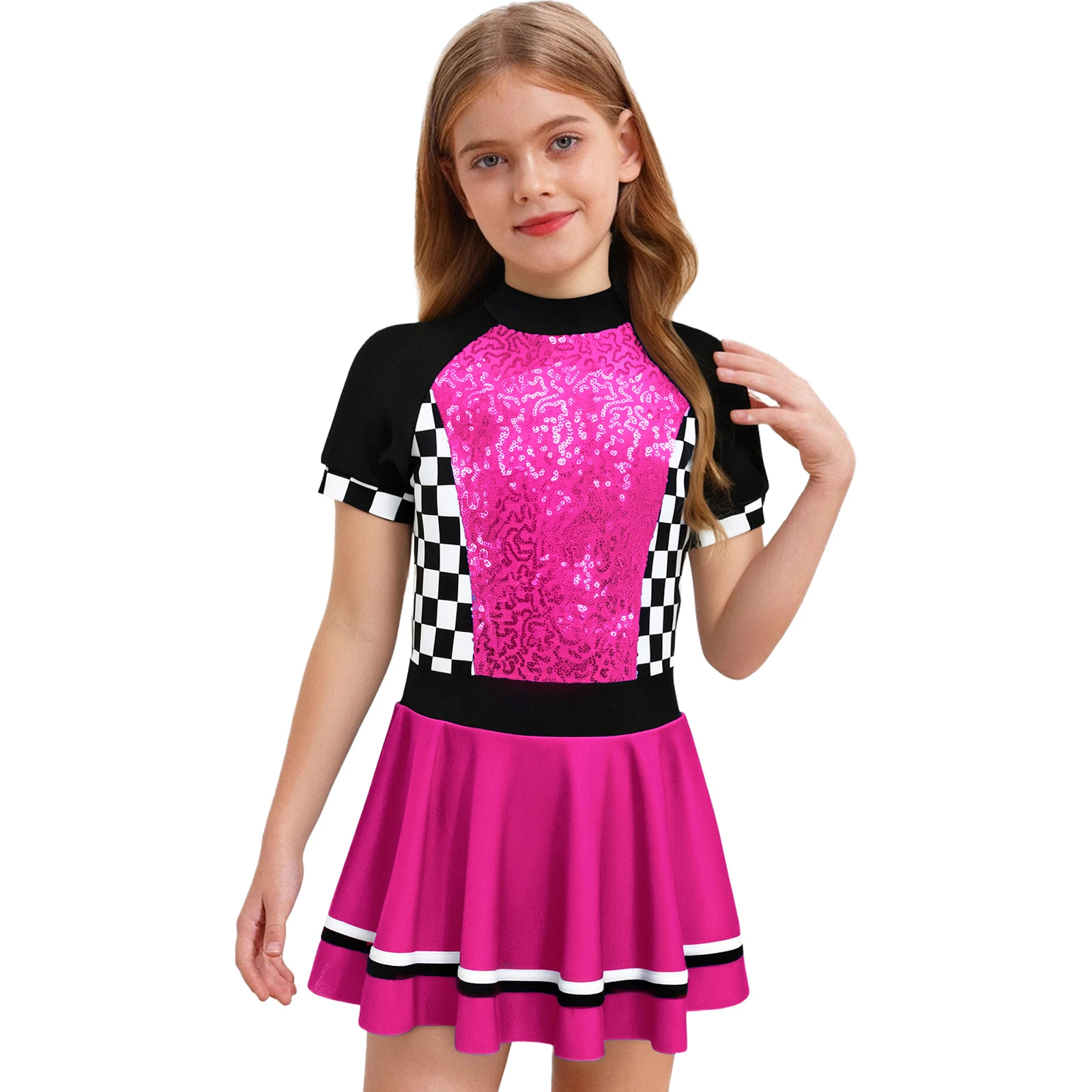 

Kids Girls Halloween Cosplay Racing Driver Costume Shiny Sequins Checkerboard Mock Neck Short Sleeve Dress with Built-in Briefs