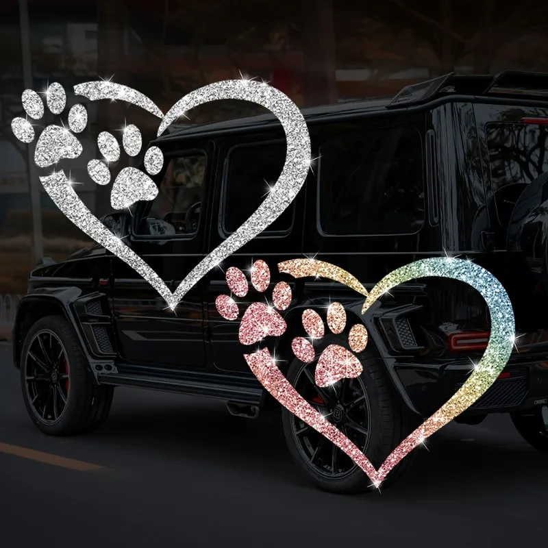 

1PC Imitation Diamond Glitter Dog Paw Heart-shaped Sticker Waterproof for Motorcycle Helmet Box Car Triangle Window Vinyl Decal